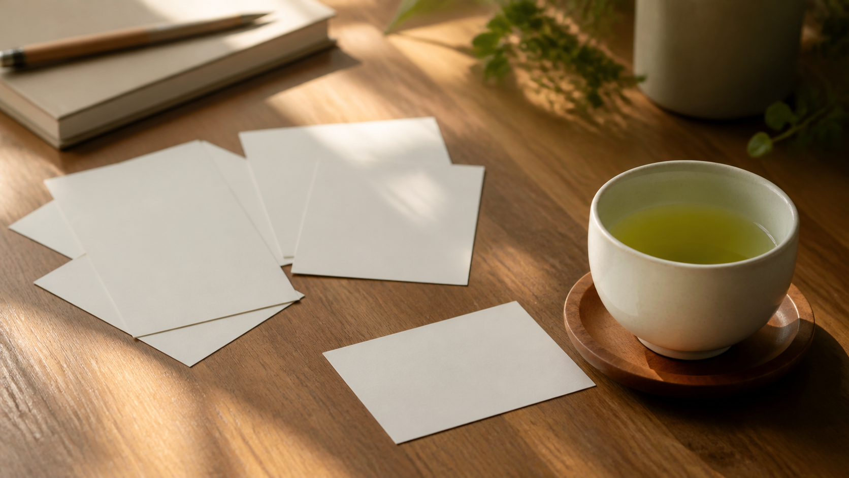 悩みに合う名言を選ぶ場面を表すカードとお茶のイメージ画像