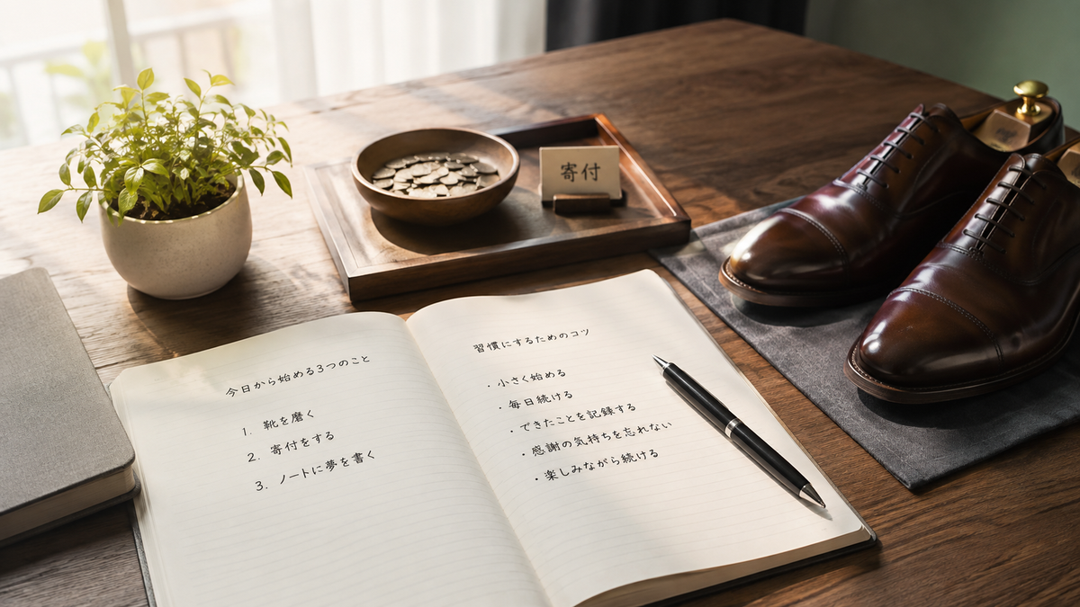 靴みがきや募金など夢をかなえるゾウ1の教えを実践するイメージ画像