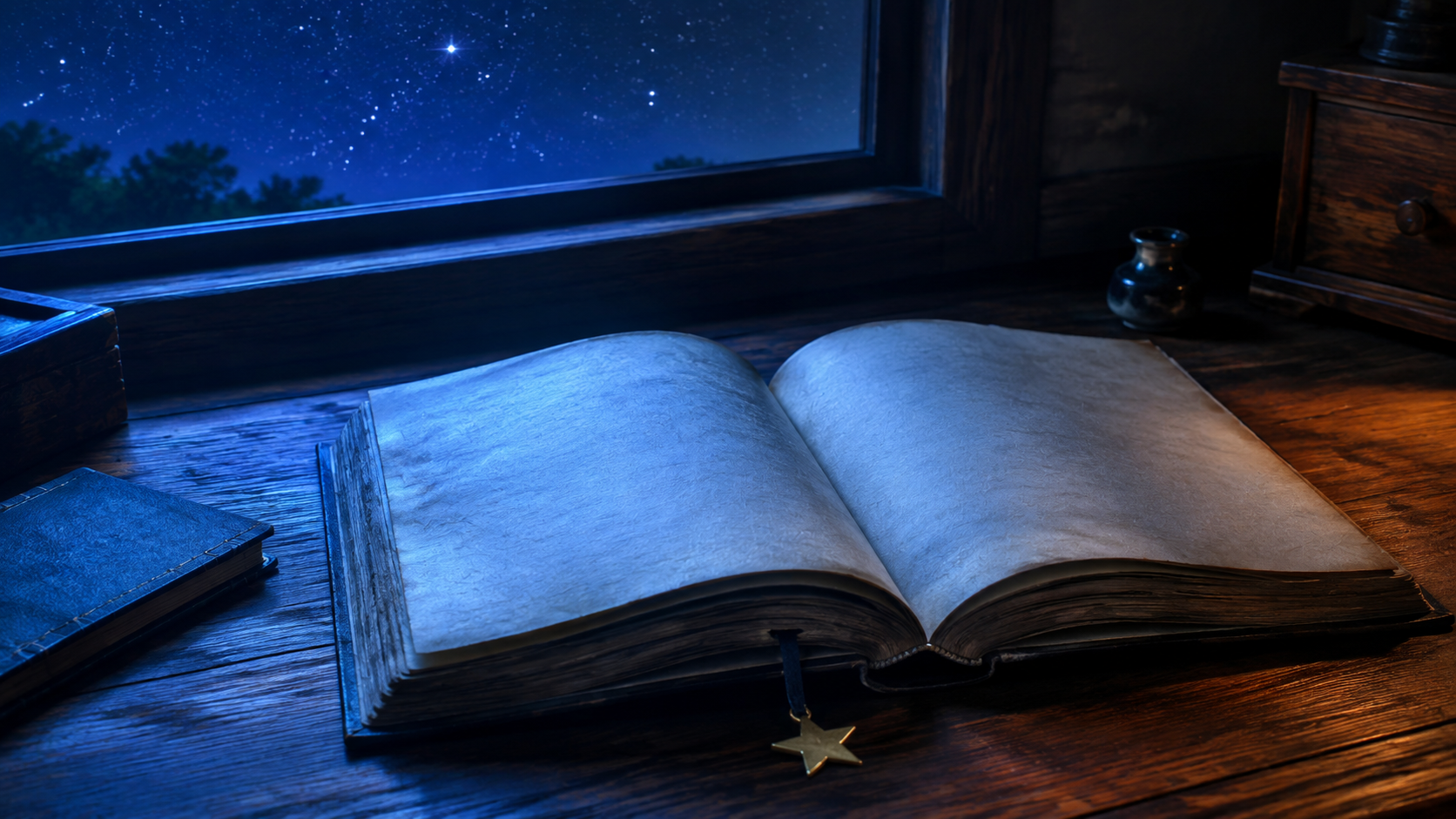 夜の机で古い本を開きよだかの星の名言を読むイメージ画像