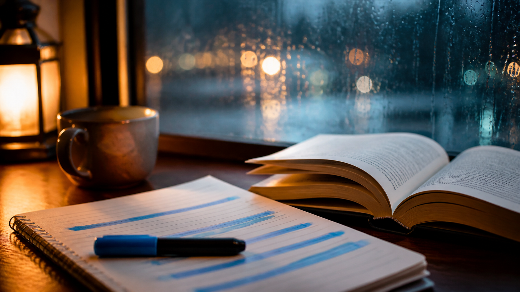 雨の日の読書ノートと青いマーカー