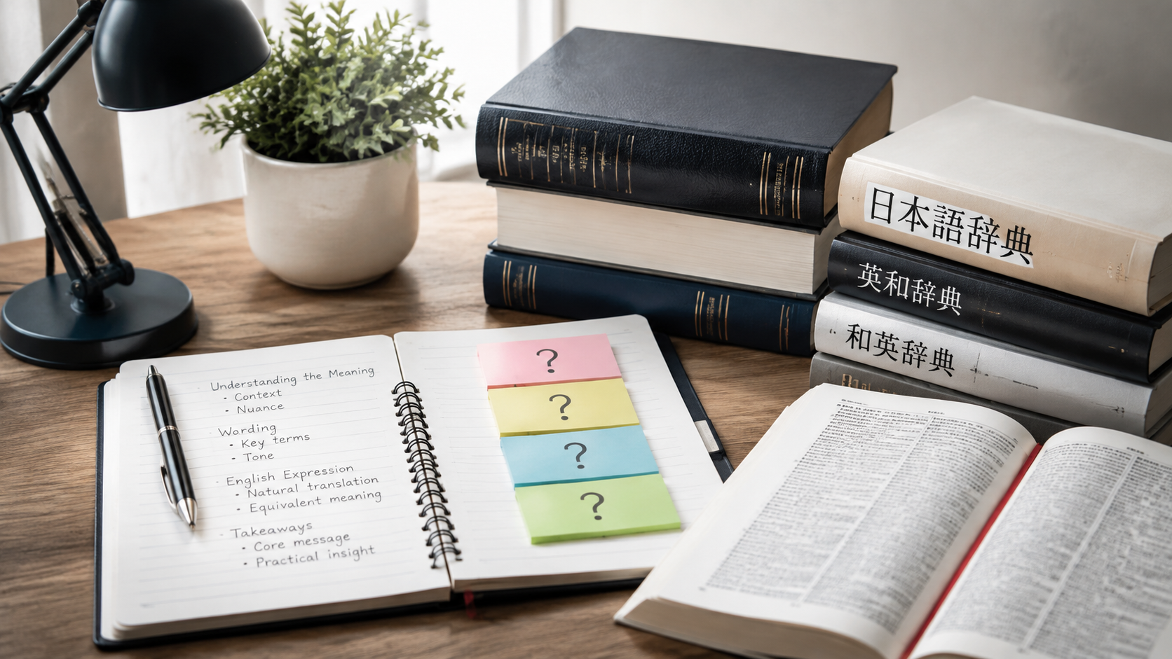 辞書とノートで英語表現とFAQを表したイメージ画像
